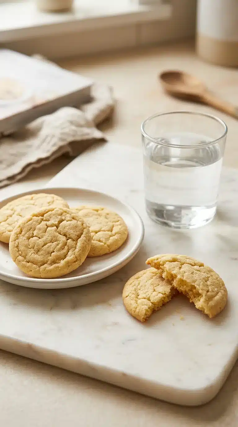 Photorealistic cracked sugar cookies, freshly baked and served on white marble in a cozy home kitchen setting.
