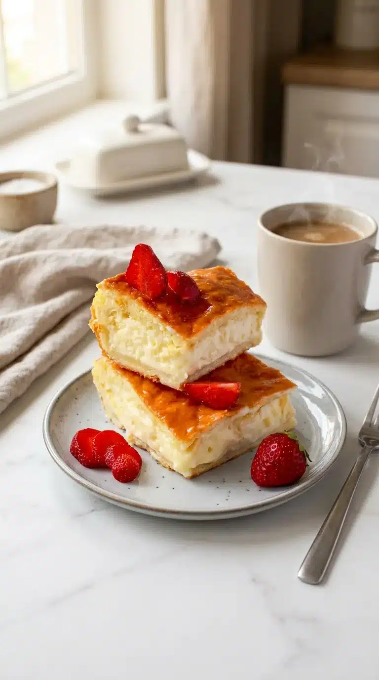 Photorealistic Easy Breakfast Cheese Danish Recipe, freshly baked and served on white marble in natural daylight with soft shadows.