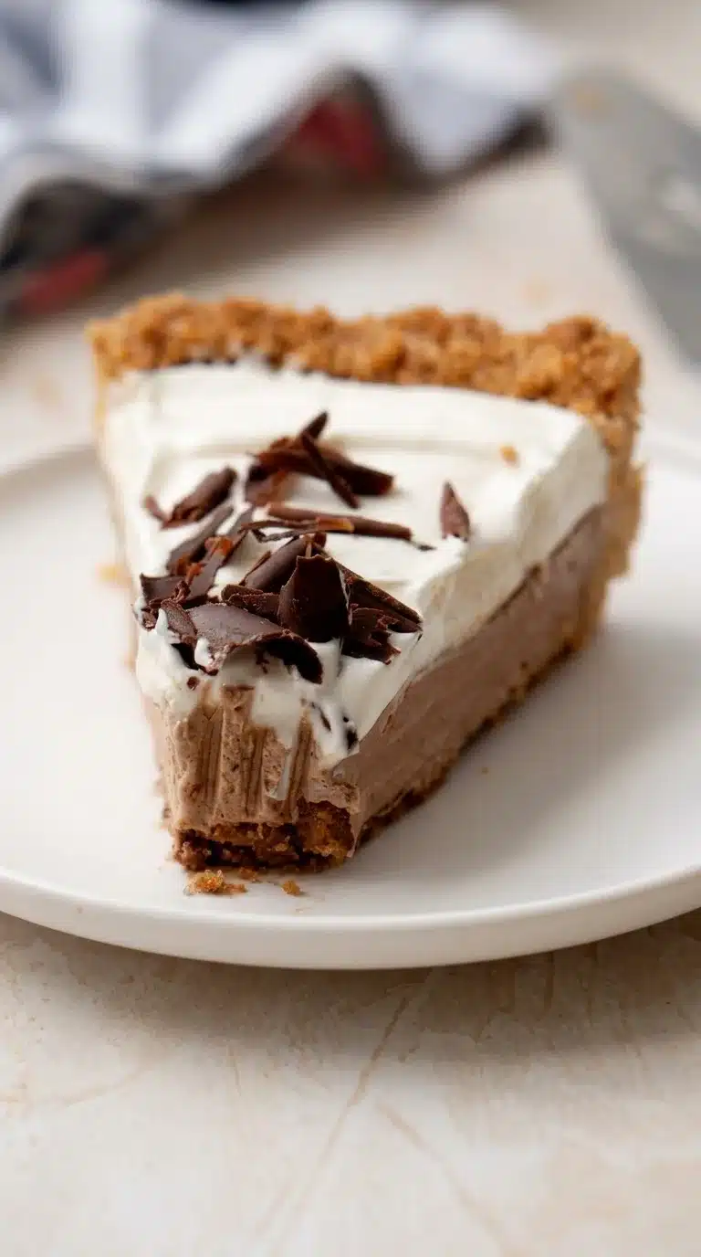 French Silk Pie With Graham Cracker Crust Photorealistic French Silk Pie with Graham Cracker Crust, ready to serve, on white marble with natural daylight for a fresh, homemade feel.