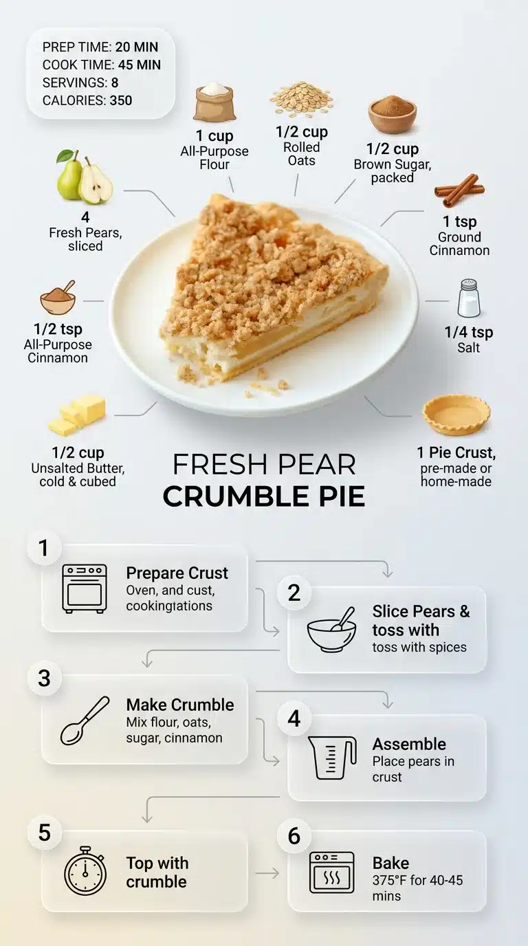 Infographic for Fresh Pear Crumble Pie featuring a plated pie, ingredients with icons, and numbered preparation steps. Ideal for social feeds.