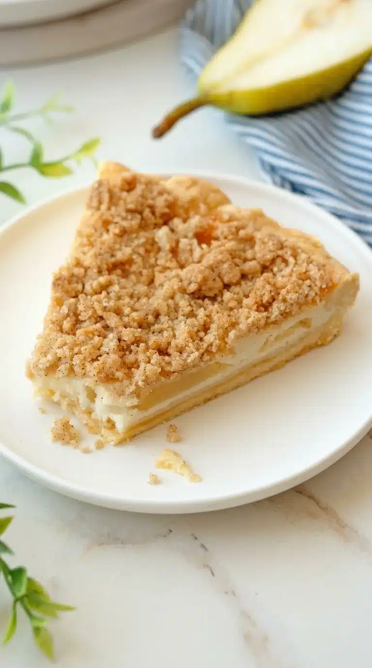 Fresh Pear Crumble Pie, photorealistic and naturally plated on white marble. Golden crumble, ready to enjoy.
