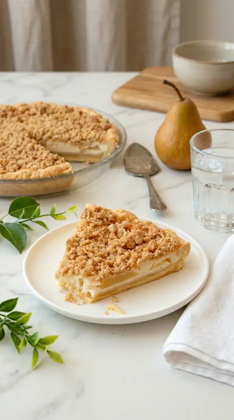 Photorealistic Fresh Pear Crumble Pie serving, freshly baked and ready to eat, natural daylight in a home kitchen setting.