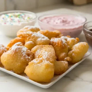 Funnel Cake Bites Delicious Funnel Cake Bites, freshly cooked and naturally plated on white marble. Photorealistic, 16:9, ready to serve, perfect for a home kitchen feel.