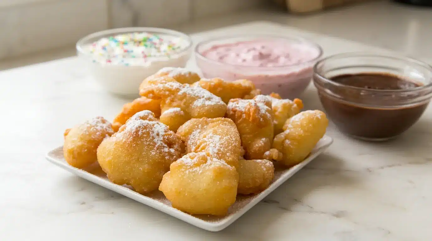 Delicious Funnel Cake Bites, freshly cooked and naturally plated on white marble. Photorealistic, 16:9, ready to serve, perfect for a home kitchen feel.