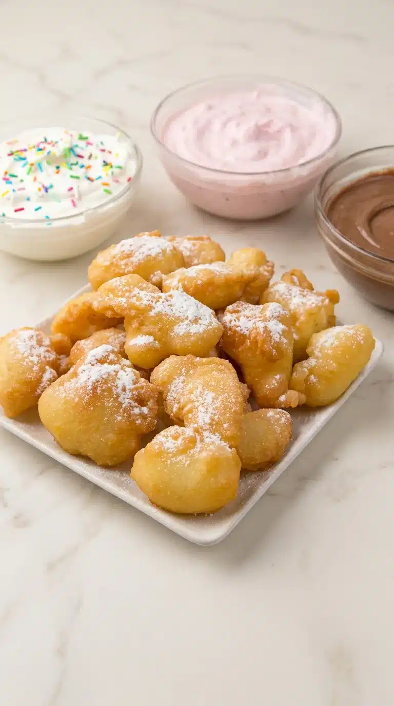 Funnel Cake Bites Photorealistic Funnel Cake Bites, freshly cooked, naturally plated on white marble with subtle gray veining, ready to serve.