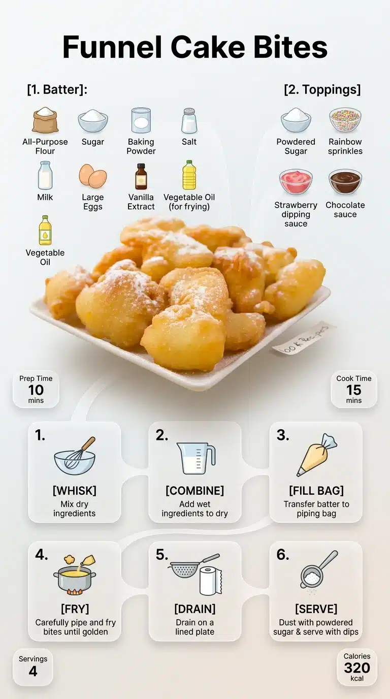 Funnel Cake Bites Ultra clean modern infographic for Funnel Cake Bites recipe with finished dish, ingredients, and step-by-step prep.