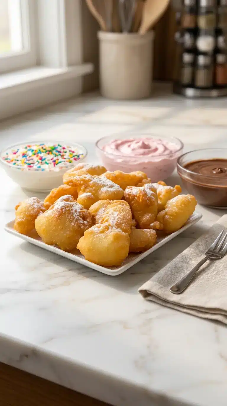 Funnel Cake Bites Photorealistic Funnel Cake Bites, freshly baked and served on white marble, warm neutral lighting, 9x16 vertical shot.