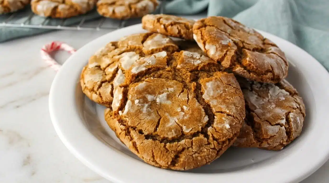 Gingerbread Crinkle Cookies Photorealistic Gingerbread Crinkle Cookies on white marble, freshly baked and ready to serve, with natural daylight.