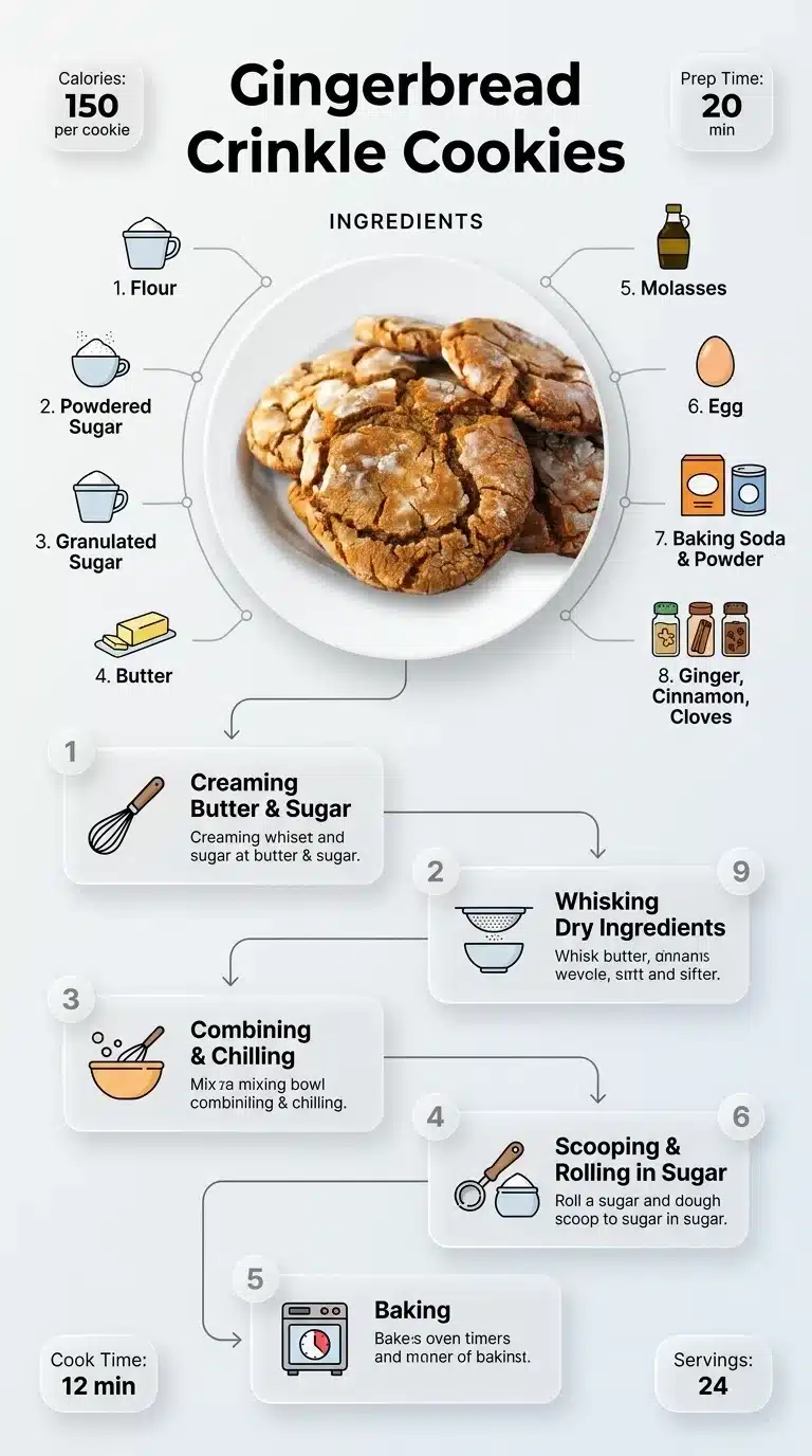 Gingerbread Crinkle Cookies Modern infographic showing a recipe for Gingerbread Crinkle Cookies with finished cookies, ingredients, and step-by-step prep.