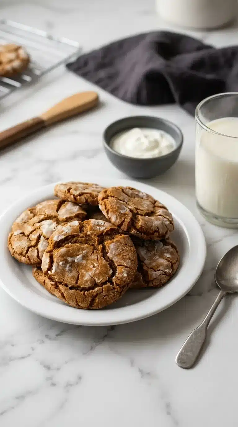 Gingerbread Crinkle Cookies Photorealistic Gingerbread Crinkle Cookies, freshly baked and perfectly served on white marble in natural light.