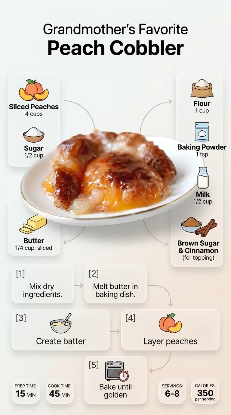 Grandmother Favorite Peach Cobbler Infographic: Grandmother Favorite Peach Cobbler recipe, featuring finished dish, ingredients with icons, and step-by-step instructions. 9:16 vertical.