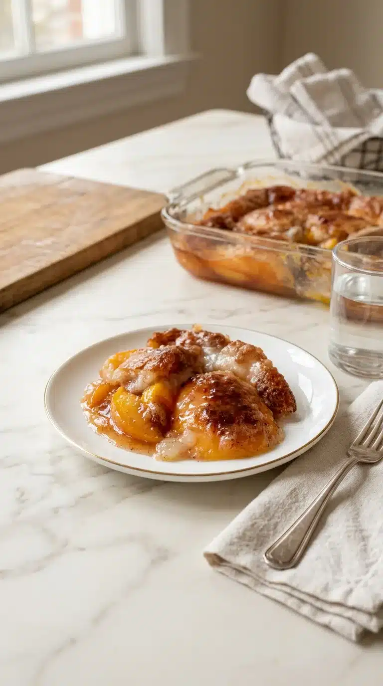 Grandmother Favorite Peach Cobbler Photorealistic Grandmother Favorite Peach Cobbler serving, freshly baked, in a cozy home kitchen setting.