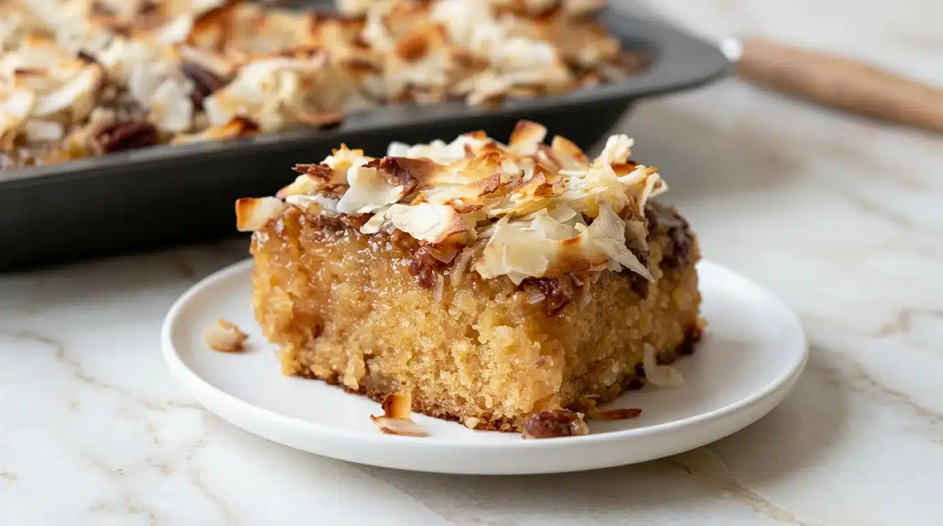 Photorealistic Granny Cake with Coconut, naturally plated on clean white marble, ready to serve. Freshly cooked with natural side daylight.