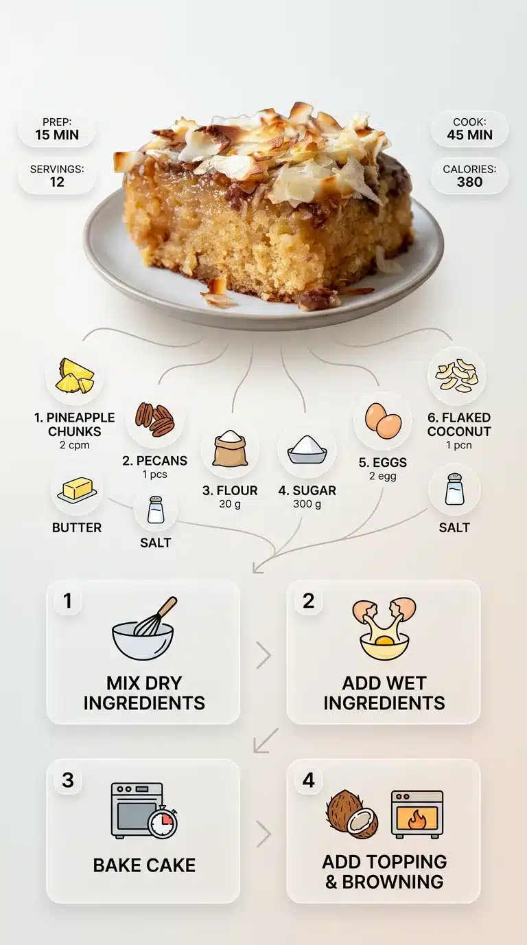 Modern infographic for Granny Cake With Coconut recipe, showing finished cake, ingredients, and step-by-step preparation.
