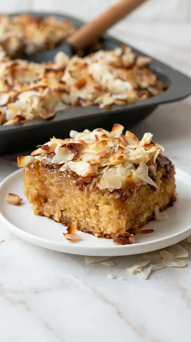 Photorealistic Granny Cake with Coconut, freshly cooked and ready to serve, naturally plated on white marble with natural daylight.