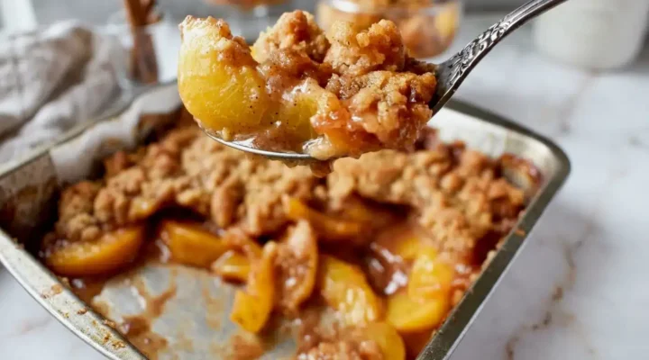Homemade Fresh Peach Crisp Recipe Homemade Fresh Peach Crisp Recipe, photorealistic and freshly cooked, naturally plated and ready to serve on white marble.