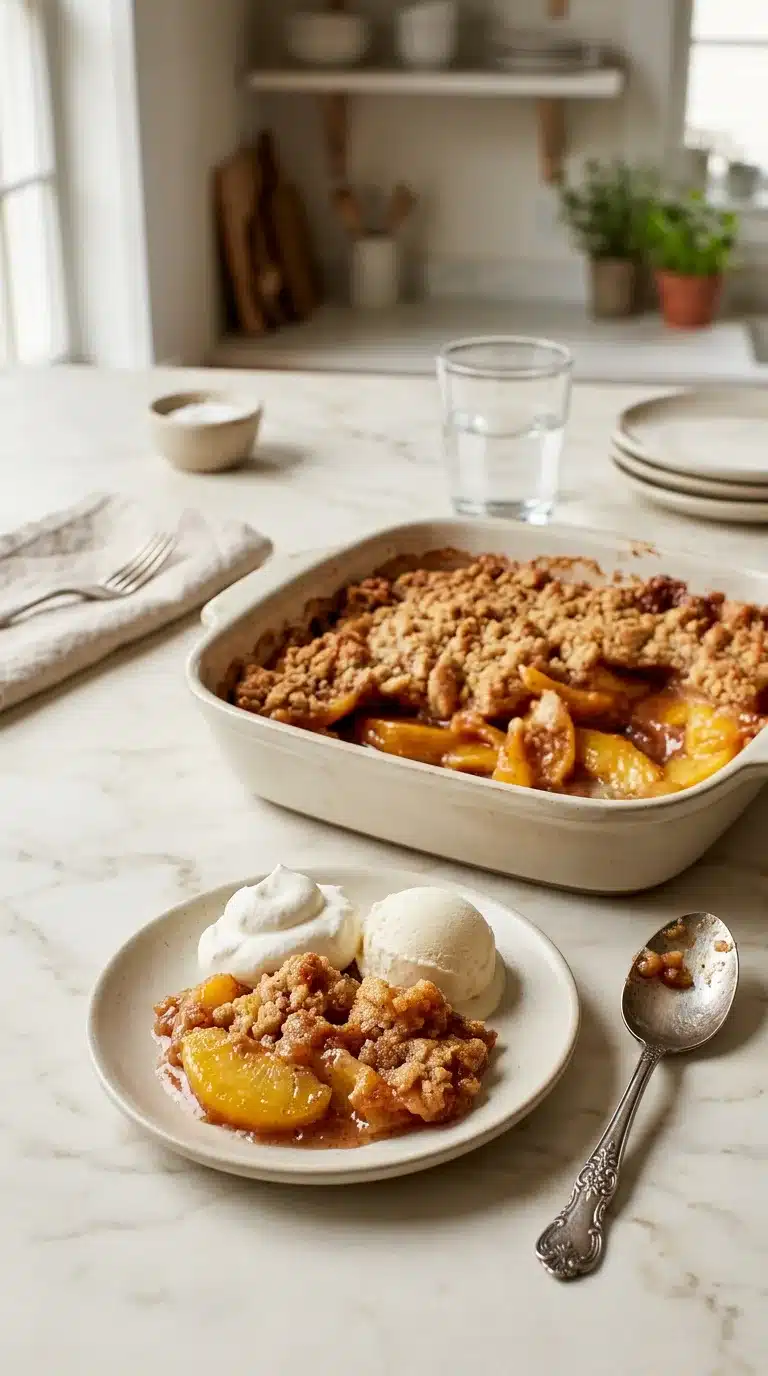 Homemade Fresh Peach Crisp Recipe A photorealistic image of a Homemade Fresh Peach Crisp Recipe, perfectly baked and served in a natural, inviting home kitchen setting with soft daylight.