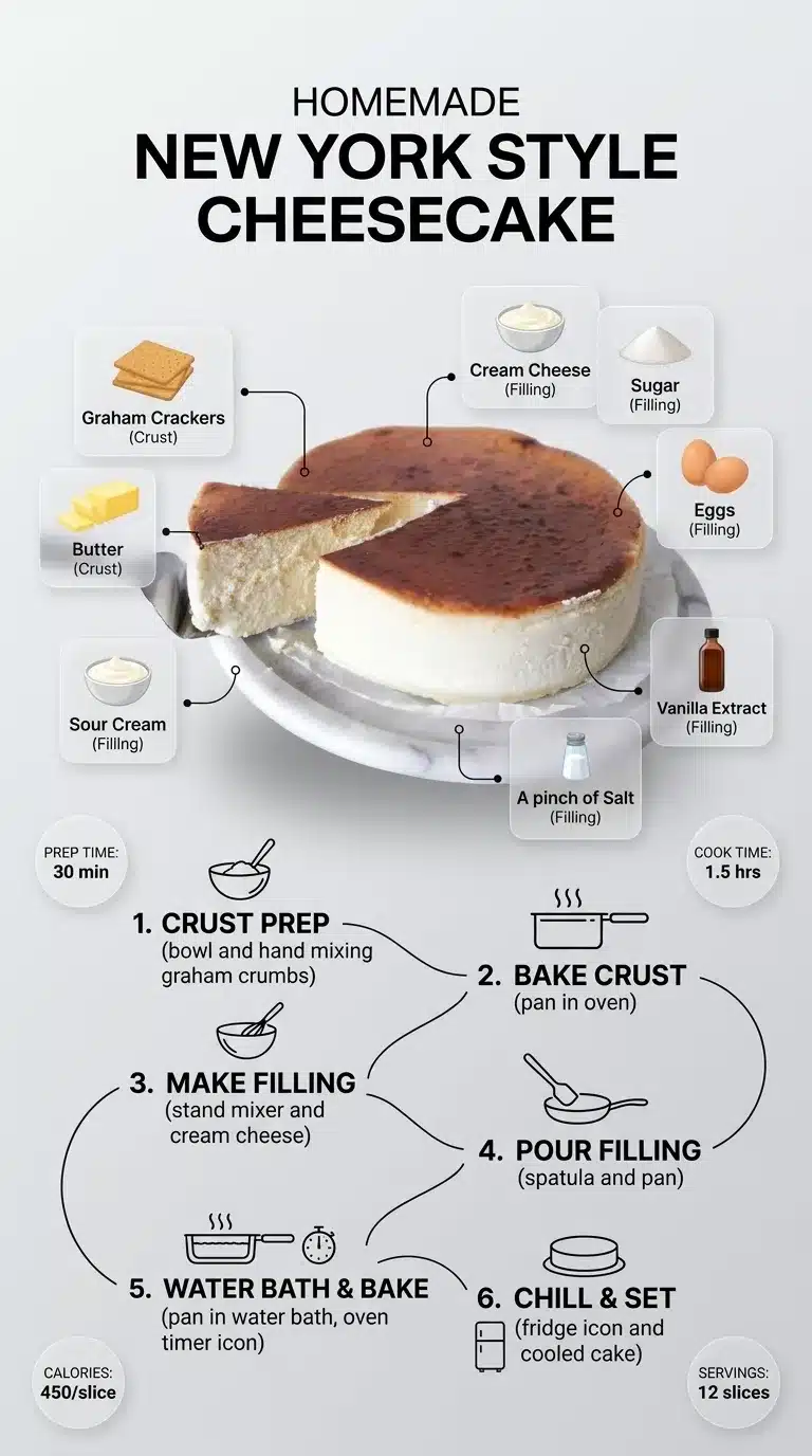 Homemade New York Style Cheesecake Ultra-clean infographic for Homemade New York Style Cheesecake recipe, featuring finished cheesecake, ingredients, and step-by-step instructions.