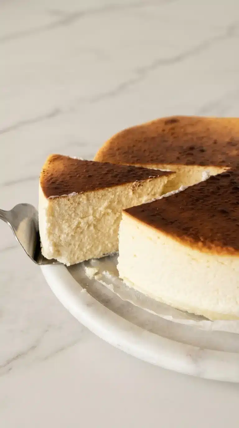 Homemade New York Style Cheesecake Photorealistic Homemade New York Style Cheesecake, freshly baked, finished, and ready to serve on white marble.