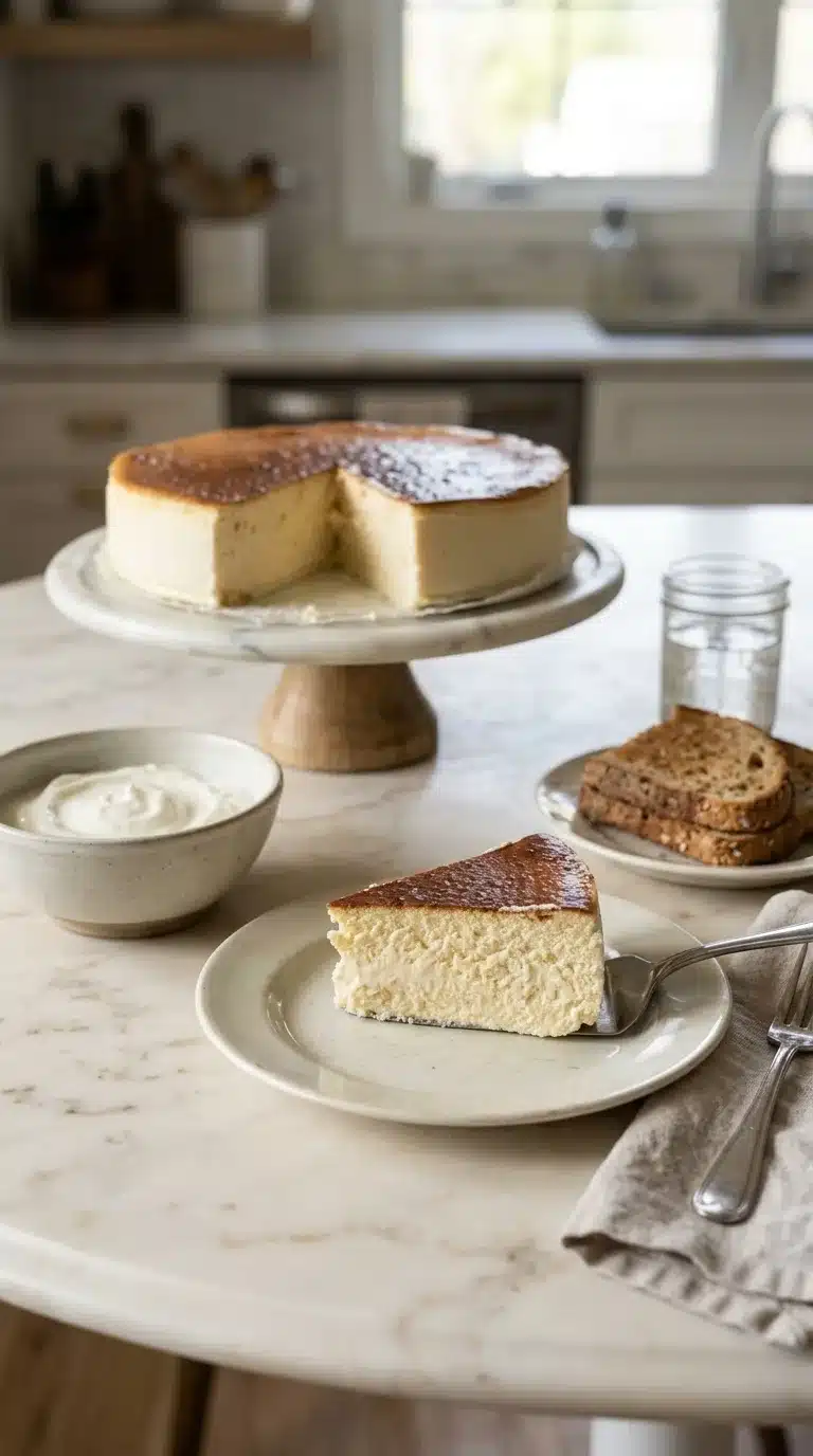 Homemade New York Style Cheesecake Homemade New York Style Cheesecake slice served on white marble, ready to eat in a real home kitchen setting with natural light.