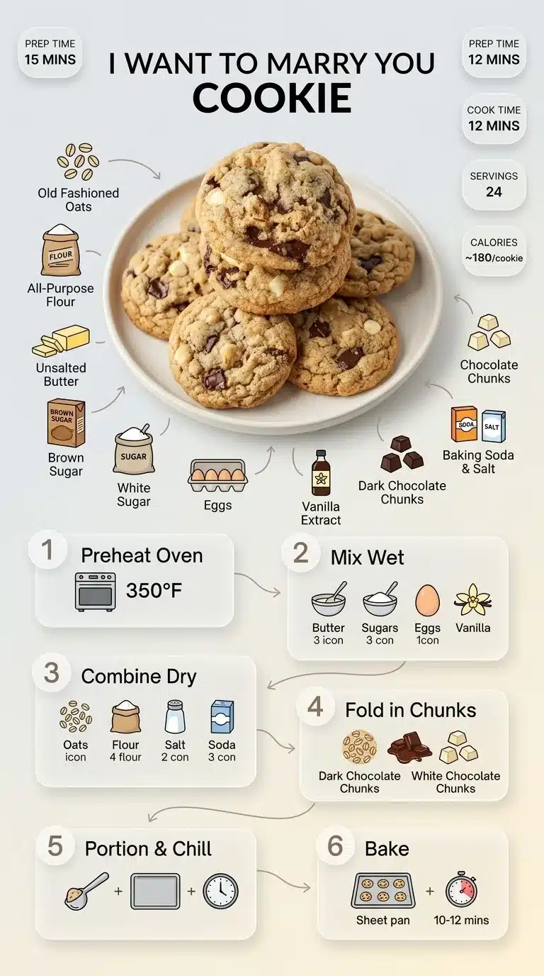 I Want to Marry You Cookie Infographic: I Want to Marry You Cookie recipe with finished cookies plated, ingredients, and step-by-step instructions. Modern, clean design.