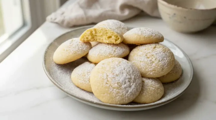 Photorealistic Italian Butterball Cookies, naturally plated on white marble, freshly cooked and ready to serve.