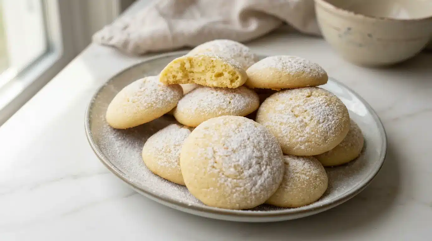Photorealistic Italian Butterball Cookies, naturally plated on white marble, freshly cooked and ready to serve.