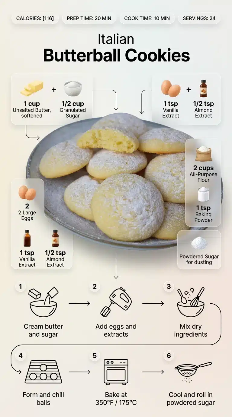 Modern 9:16 infographic of Italian Butterball Cookies recipe, showing finished cookies, ingredients with icons, and numbered steps.