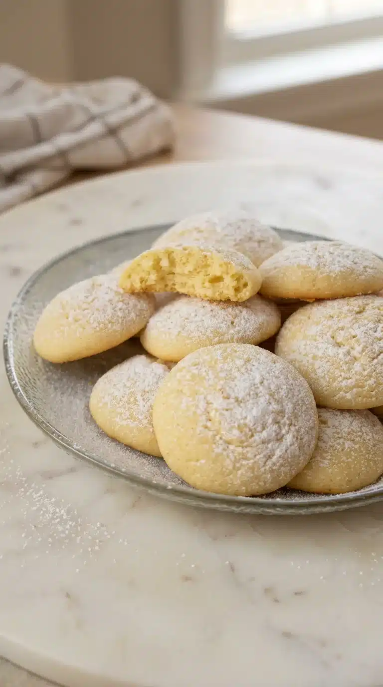 Photorealistic Italian Butterball Cookies, ready to serve on white marble. Natural light, editorial, and true-to-life colors.