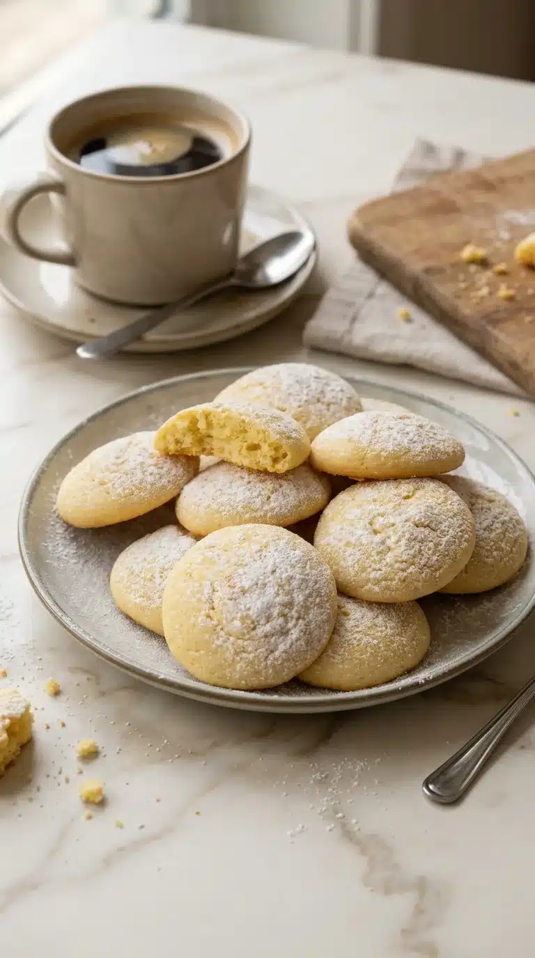 Italian Butterball Cookies, freshly baked and served on white marble. A natural, inviting home kitchen scene, 9x16 vertical.