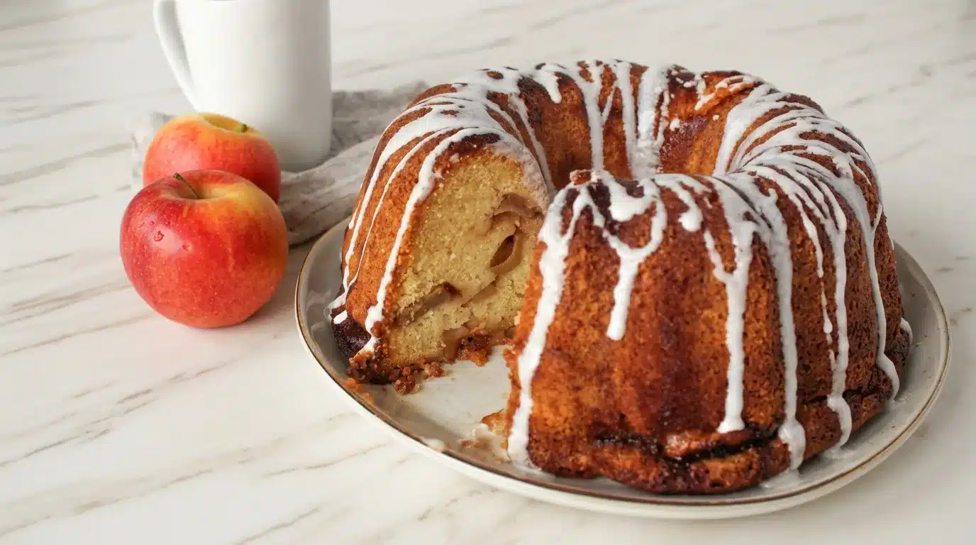 Photorealistic Jewish Apple Cake, freshly baked, served on white marble. Natural daylight, home kitchen feel.