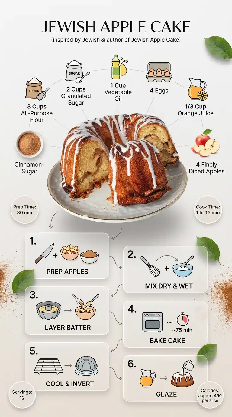 Jewish Apple Cake Modern Jewish Apple Cake recipe infographic with plated cake, ingredients, and step-by-step instructions. Vibrant and clean design.