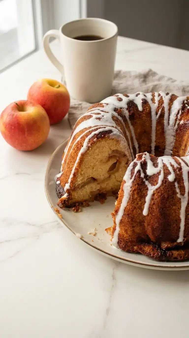 Jewish Apple Cake Photorealistic Jewish Apple Cake, naturally plated on white marble, ready to serve. Warm, home kitchen feel.