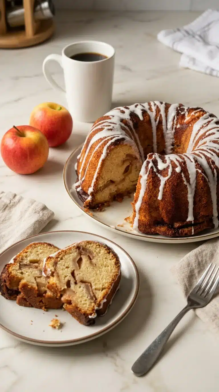 Jewish Apple Cake Photorealistic Jewish Apple Cake serving, freshly baked with a natural home kitchen feel on white marble, 9x16 vertical.