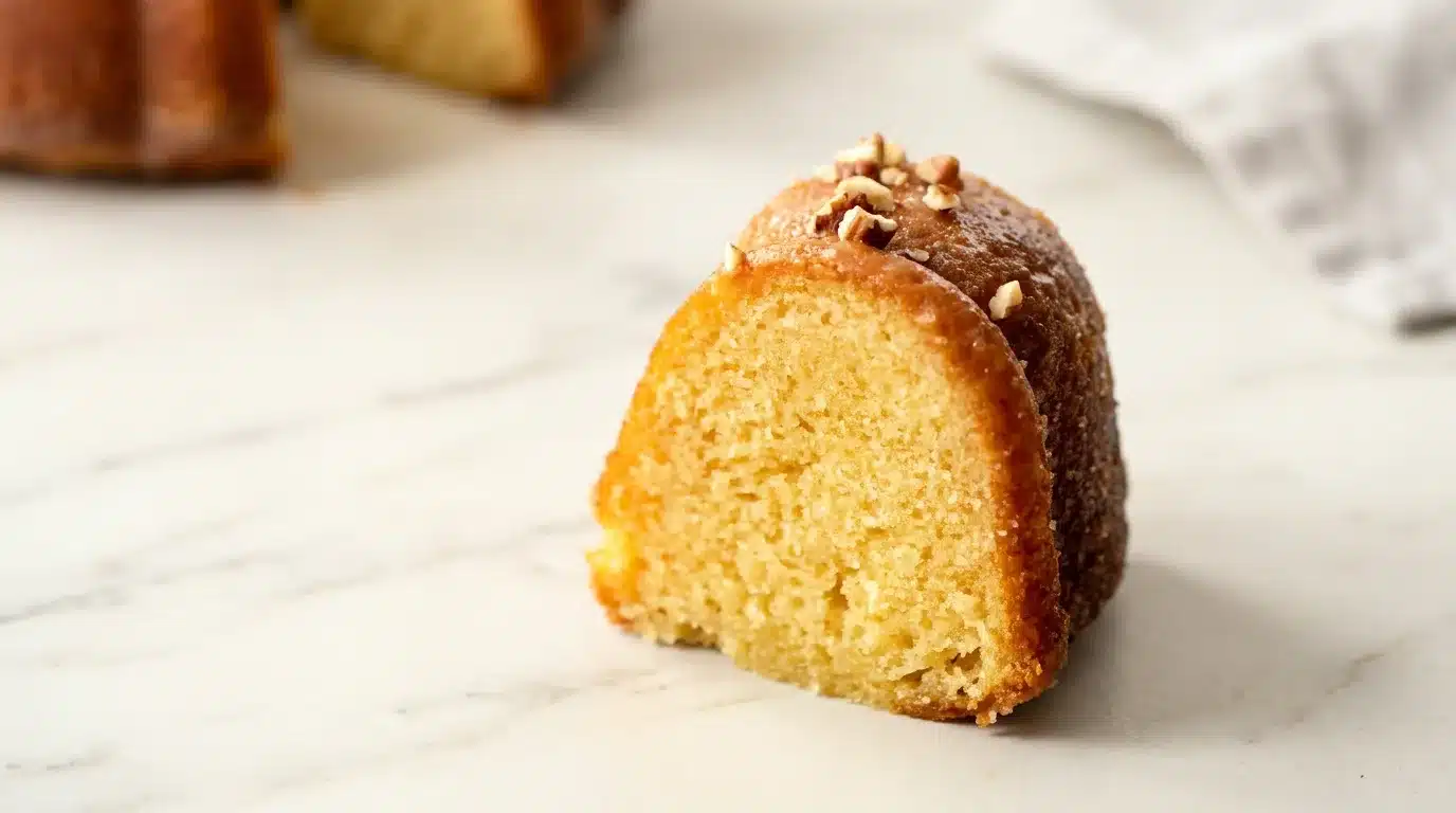 Photorealistic Kentucky Butter Cake, freshly baked and ready to serve on a white marble surface with natural daylight.