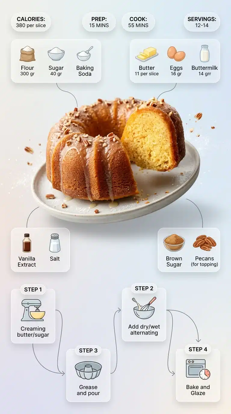 Modern Kentucky Butter Cake recipe infographic with plated cake, ingredients, and step-by-step instructions. 9x16 social feed.