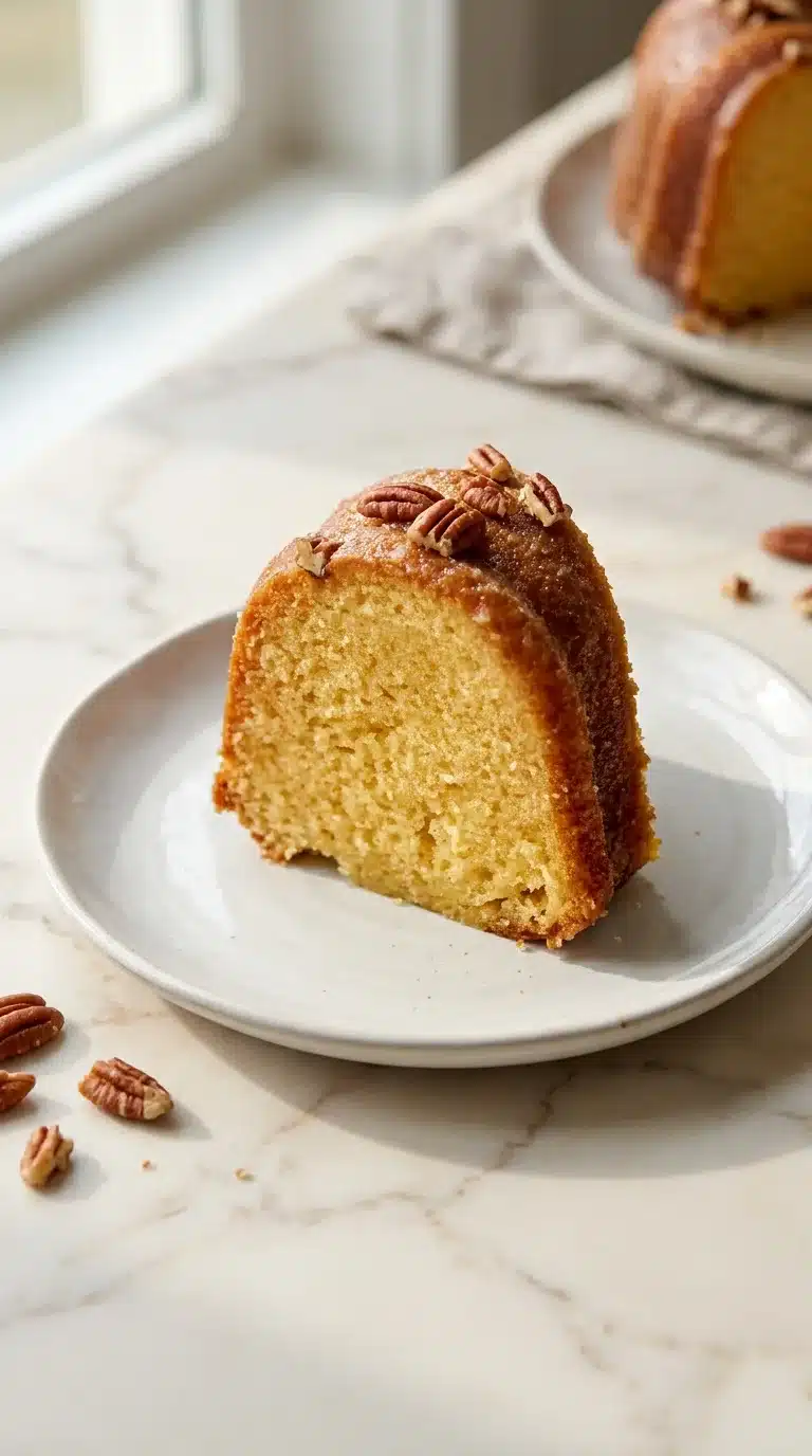 Photorealistic Kentucky Butter Cake, freshly cooked and ready to serve, naturally plated on white marble in a home kitchen setting.
