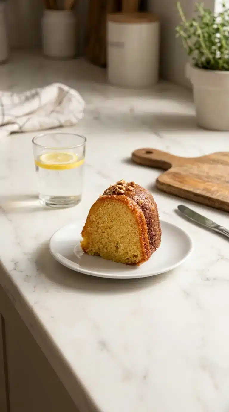 Photorealistic Kentucky Butter Cake slice served on white marble, ready for an everyday meal.