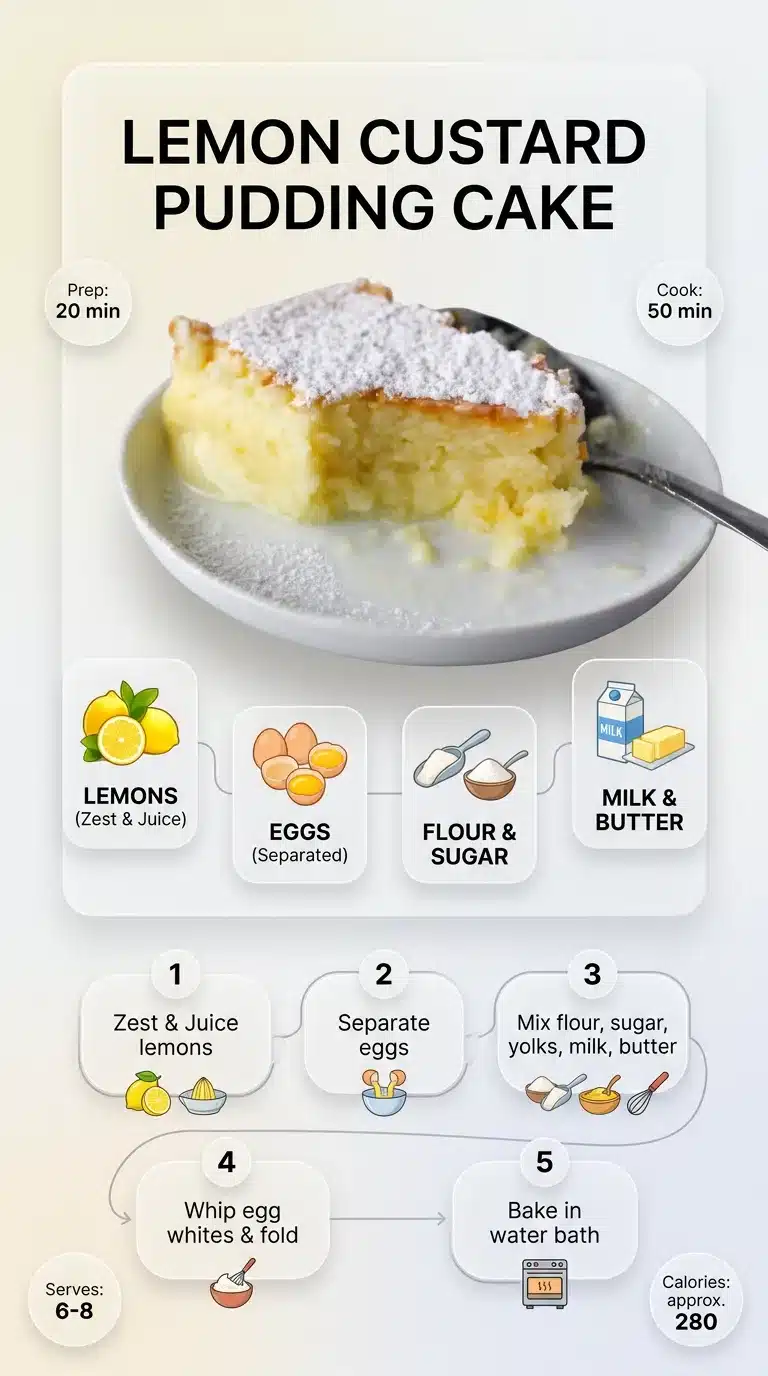 Lemon Custard Pudding Cake Ultra clean modern infographic for Lemon Custard Pudding Cake recipe, showing finished dessert, ingredients, and steps.