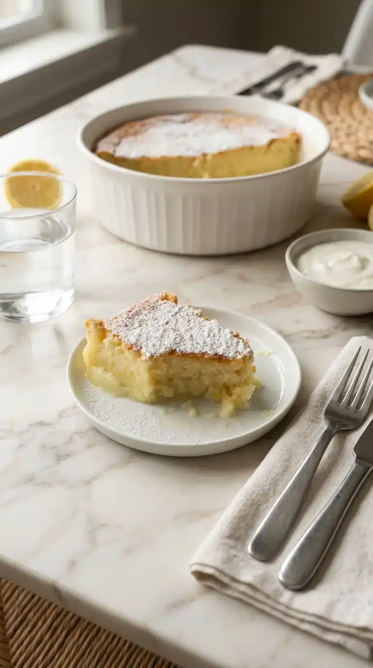 Lemon Custard Pudding Cake Photorealistic Lemon Custard Pudding Cake, freshly baked and served in a home kitchen setting, ready to eat.