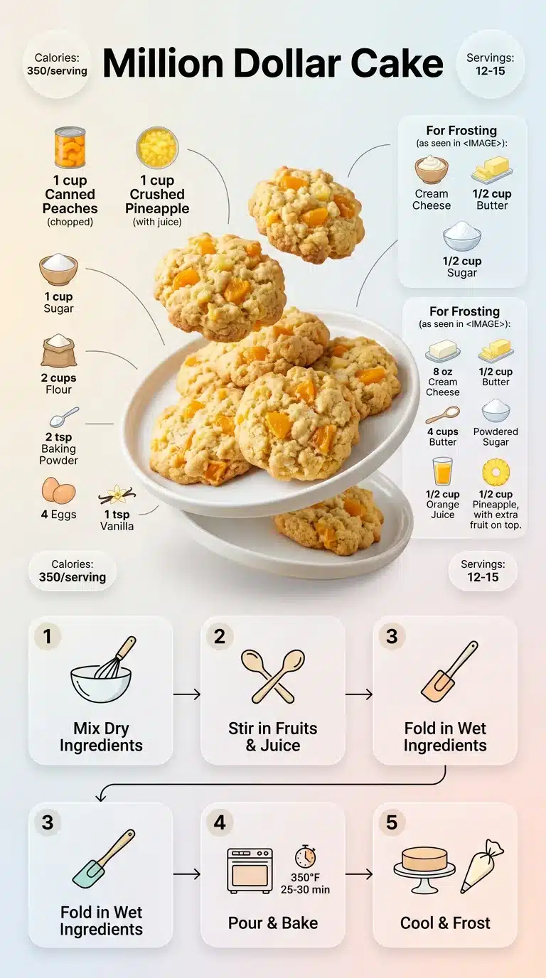 Million Dollar Cake Ultra clean Million Dollar Cake recipe infographic. Features finished cake, ingredients with icons, and step-by-step preparation (9:16).