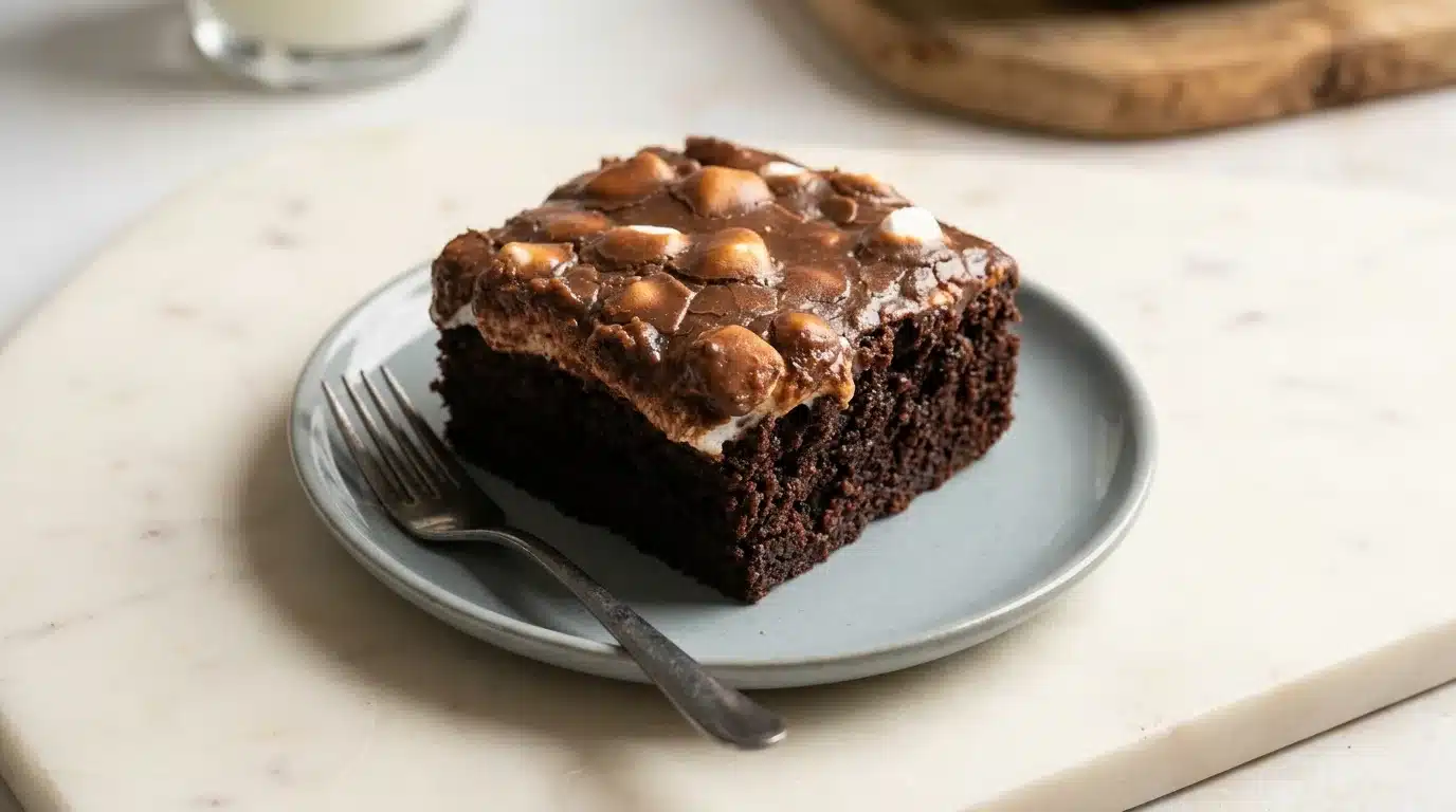 A rich, moist Mississippi Chocolate Mud Cake, naturally plated on white marble, ready to serve. Photorealistic, soft natural light.