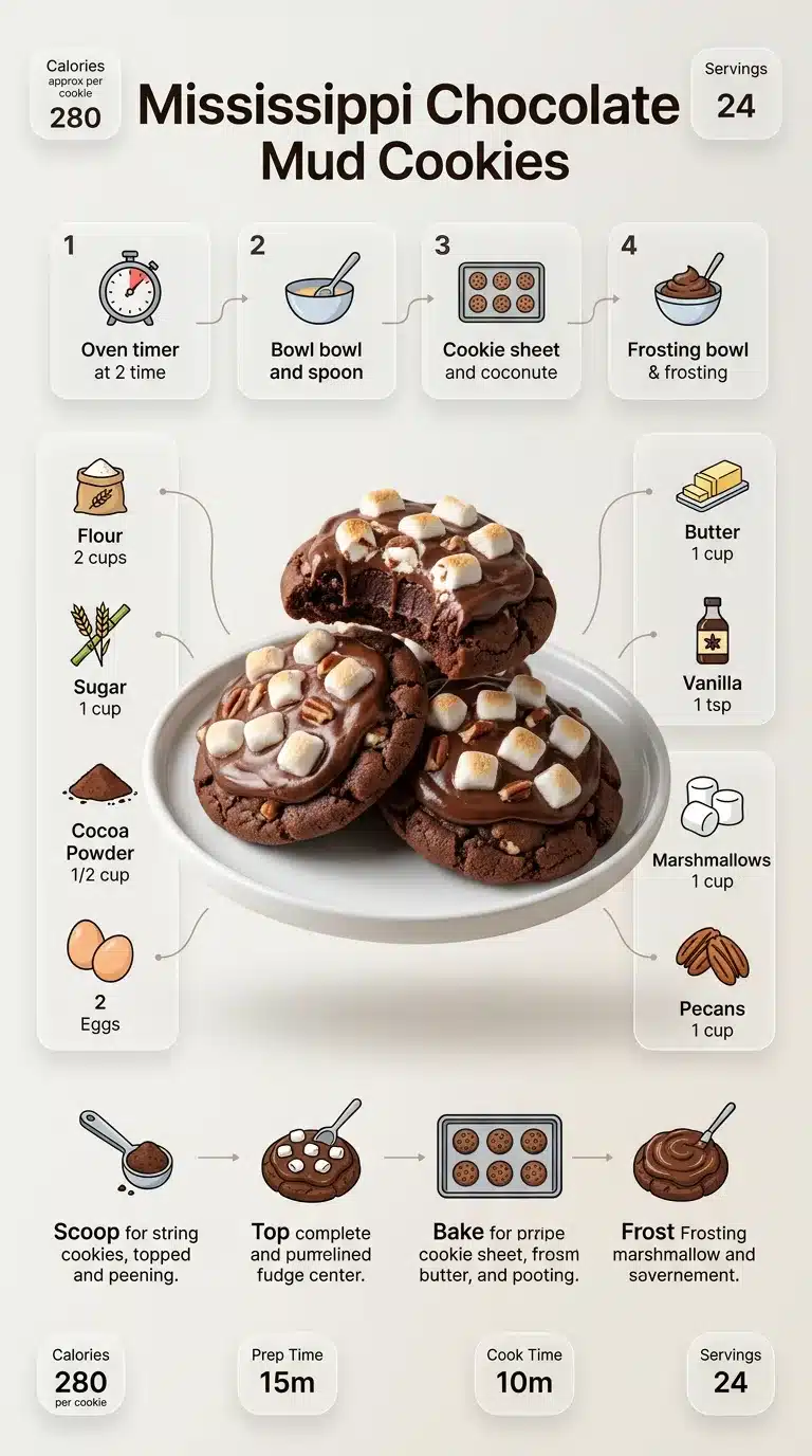 Mississippi Chocolate Mud Cake recipe infographic showing ingredients, steps, and a beautifully plated cake in a 9:16 vertical layout.