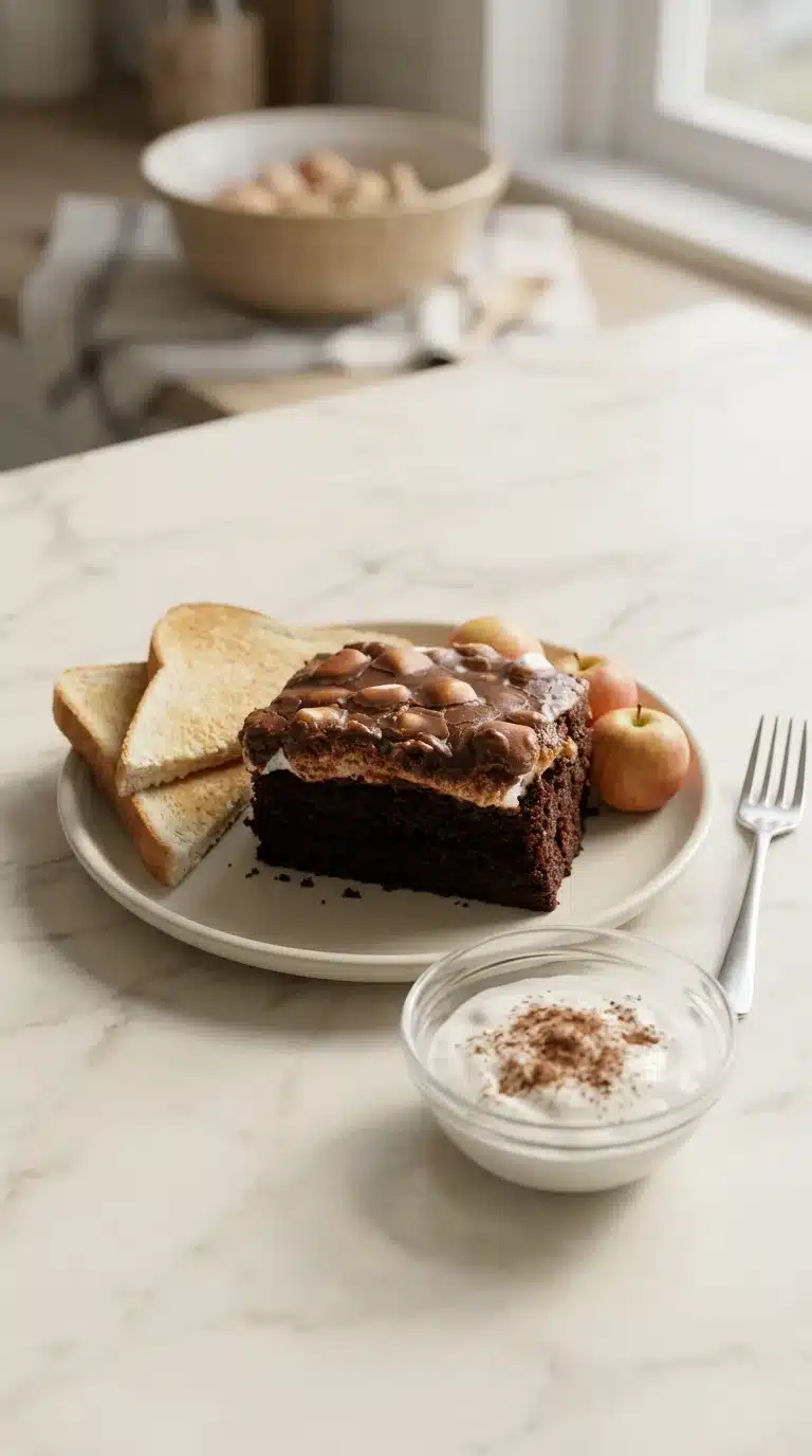 Photorealistic Mississippi Chocolate Mud Cake slice, freshly baked, served on white marble in a cozy home kitchen setting. 9x16 vertical.