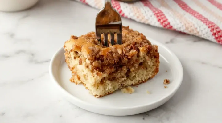 Moist Apple Crumble Coffee Cake, naturally plated on clean white marble. Photorealistic food photography with natural daylight, ready to serve.