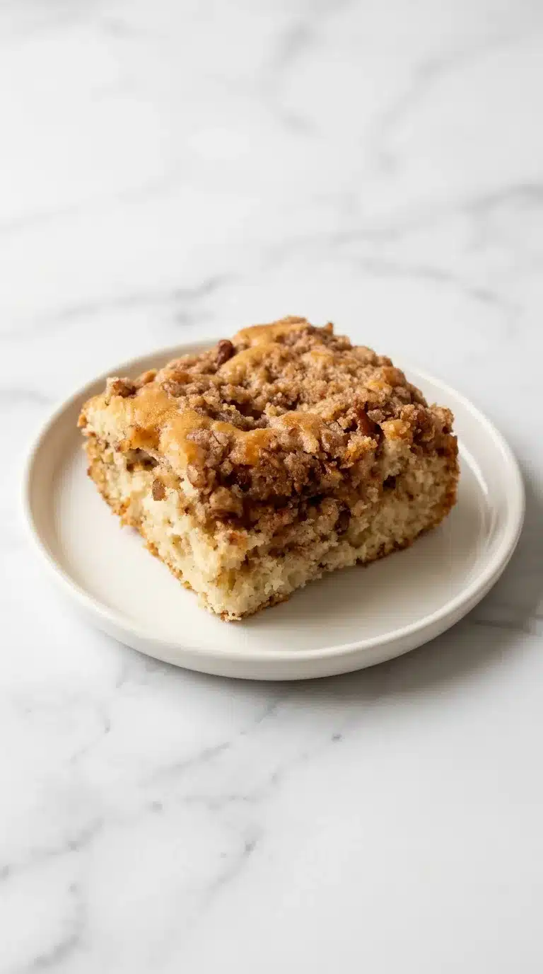 Photorealistic Moist Apple Crumble Coffee Cake, freshly baked and ready to serve on white marble. Perfect for a dessert pin.