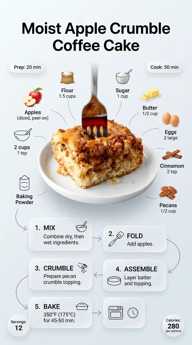 Modern infographic for Moist Apple Crumble Coffee Cake with hero image, step-by-step guide, and ingredient breakdown.