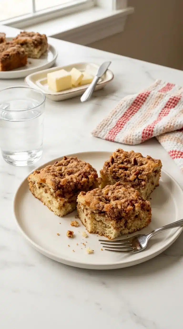 Photorealistic Moist Apple Crumble Coffee Cake serving, freshly baked, on white marble. Home kitchen feel, 9x16 vertical.