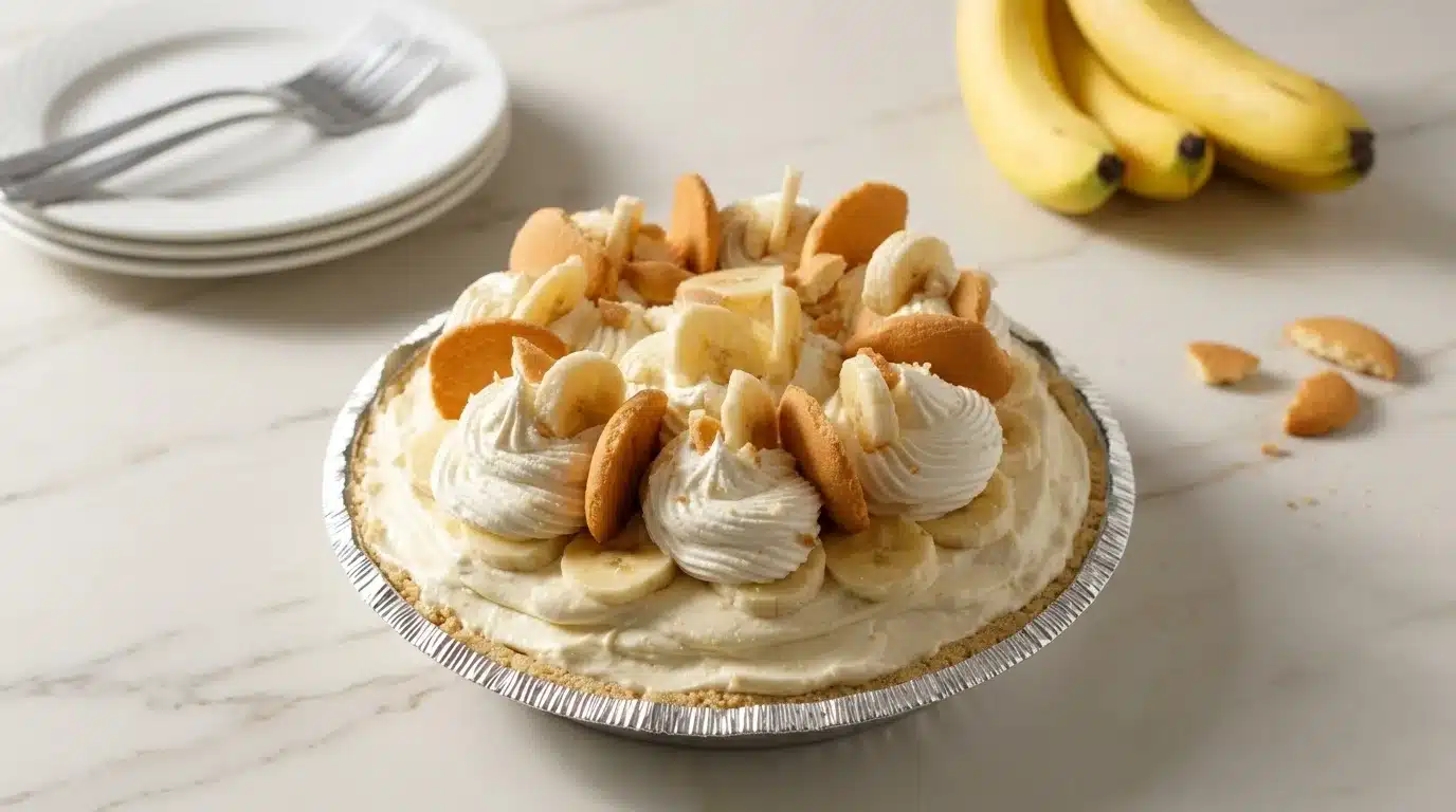 No Bake Banana Pudding Cheesecake Photorealistic No Bake Banana Pudding Cheesecake ready to serve, perfectly plated on white marble. A delicious and easy dessert recipe.