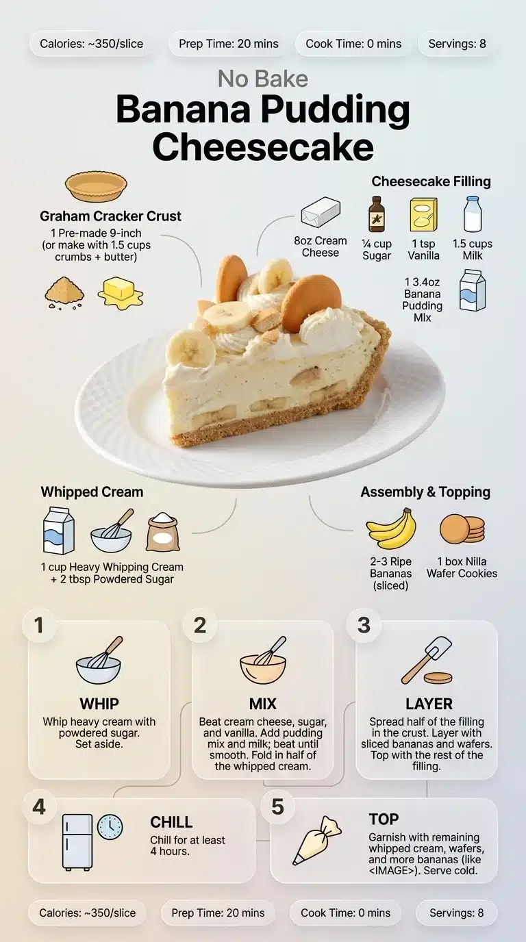 No Bake Banana Pudding Cheesecake Infographic of a No Bake Banana Pudding Cheesecake, showing the finished dessert plated, ingredients with icons, and step-by-step preparation.